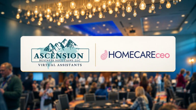 Ascension Business Solutions and HOMECAREceo logos over a blurred Denver home care conference photo with dark teal and gold accents.