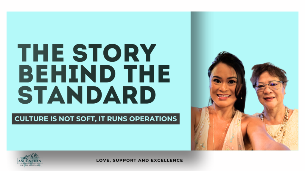 Blog thumbnail featuring Regina Asuncion and her mother with the headline “The Story Behind the Standard,” representing ABS culture, values, and home care support.