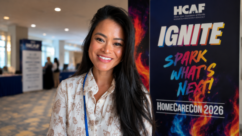 Regina Asuncion at HCAF HomeCareCon 2026 beside the IGNITE: Spark What’s Next conference display.