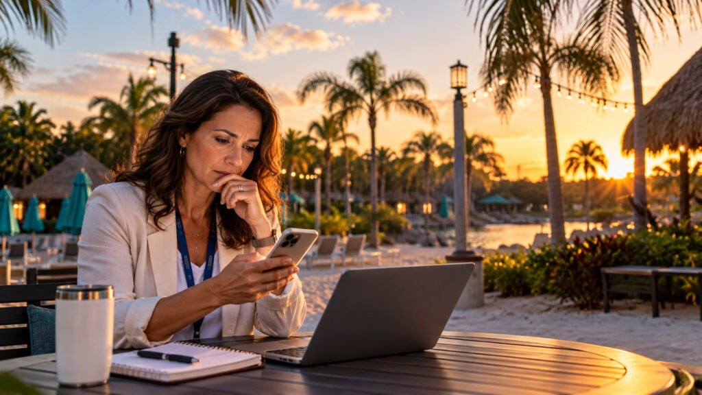 Home care business owner checking an urgent after-hours message on her phone beside a laptop at a tropical resort during sunset.