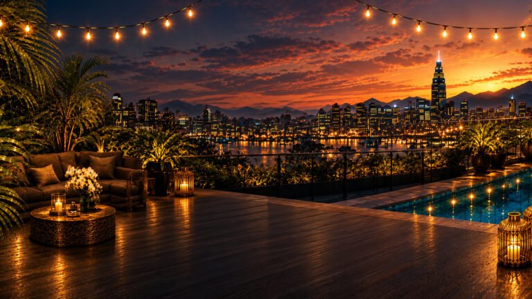Luxury rooftop at sunset representing Ascension Business Solutions’ 4th anniversary celebration, Paradise Above the Peaks in Denver.