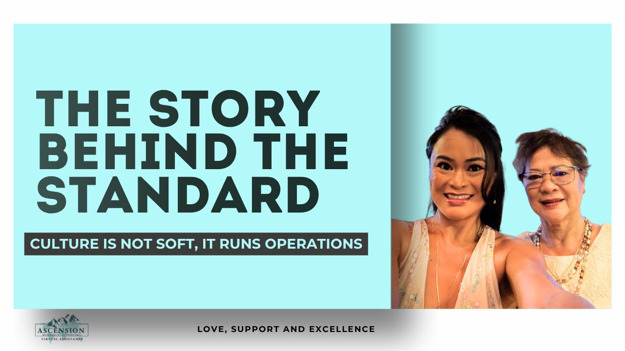 Blog thumbnail featuring Regina Asuncion and her mother with the headline “The Story Behind the Standard,” representing ABS culture, values, and home care support.