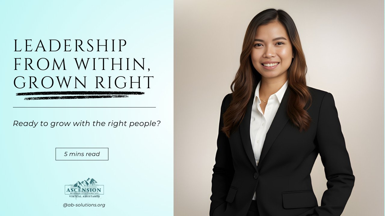 Professional woman in a black blazer beside the words “Leadership From Within, Grown Right.”