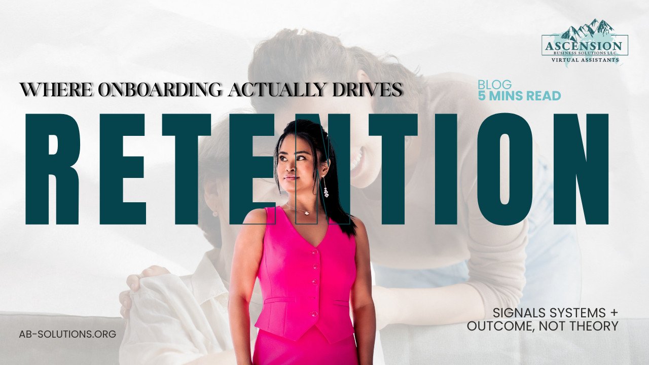 Woman in a pink outfit standing before the word “Retention,” with a caregiver assisting an older adult in the background and the headline “Where Onboarding Actually Drives Retention.”