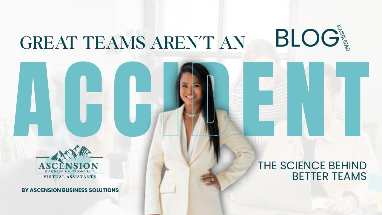 Woman in a cream business suit beside the words “Great Teams Aren’t an Accident” and “The Science Behind Better Teams.”