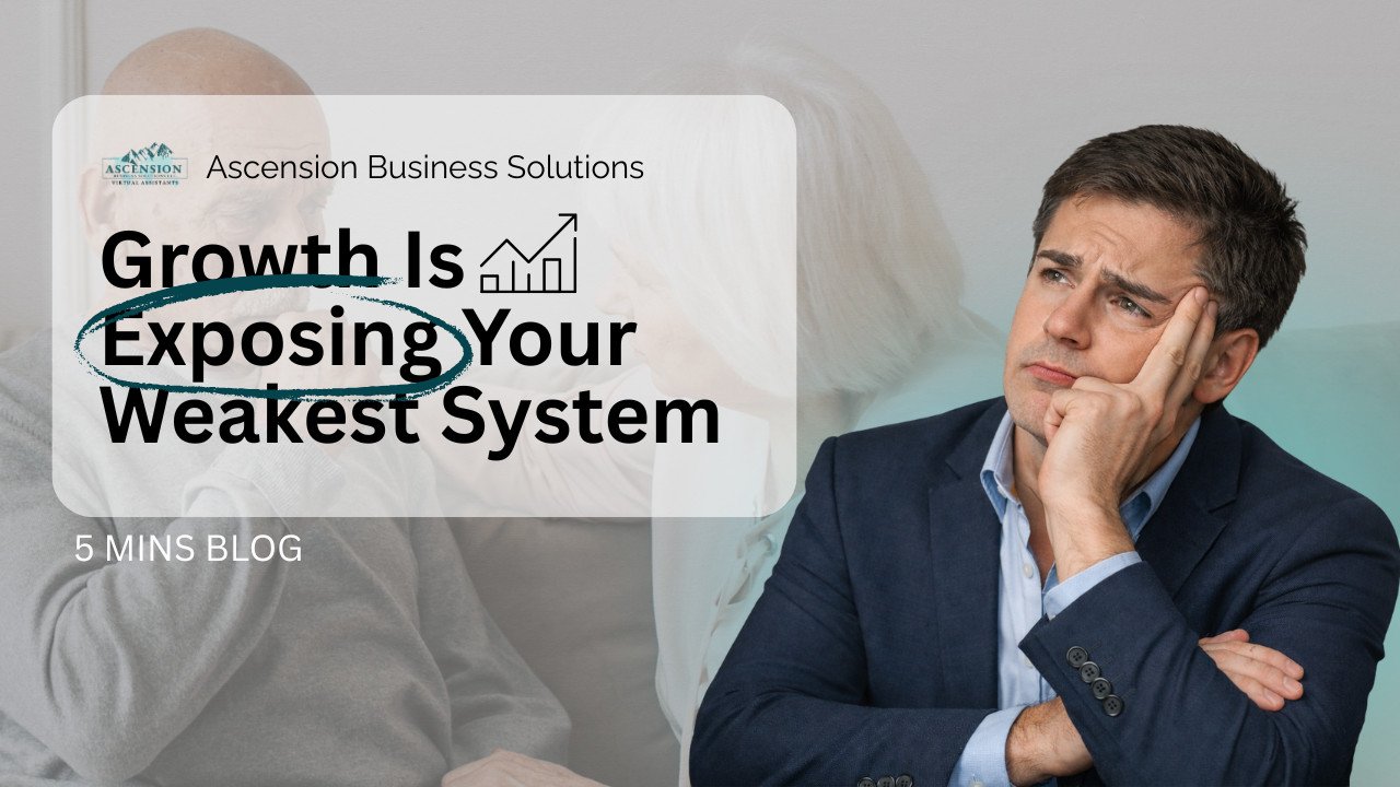 Concerned business leader beside the words “Growth Is Exposing Your Weakest System,” with a rising business chart icon.