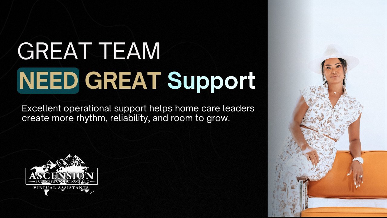 Graphic for Ascension Business Solutions blog with the headline “Great Teams Need Great Support,” featuring a businesswoman seated beside the text.
