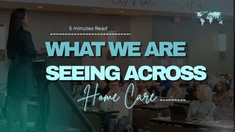 Woman speaking to home care professionals at a conference with the words “What We Are Seeing Across Home Care.”