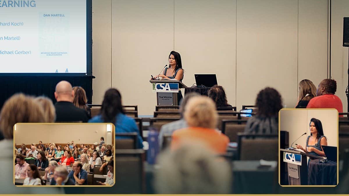 Regina Asuncion, founder and CEO of Ascension Business Solutions, speaking on the Art of Delegation at the 2026 CSA Conference, with inset photos of the audience and a close-up from her talk.