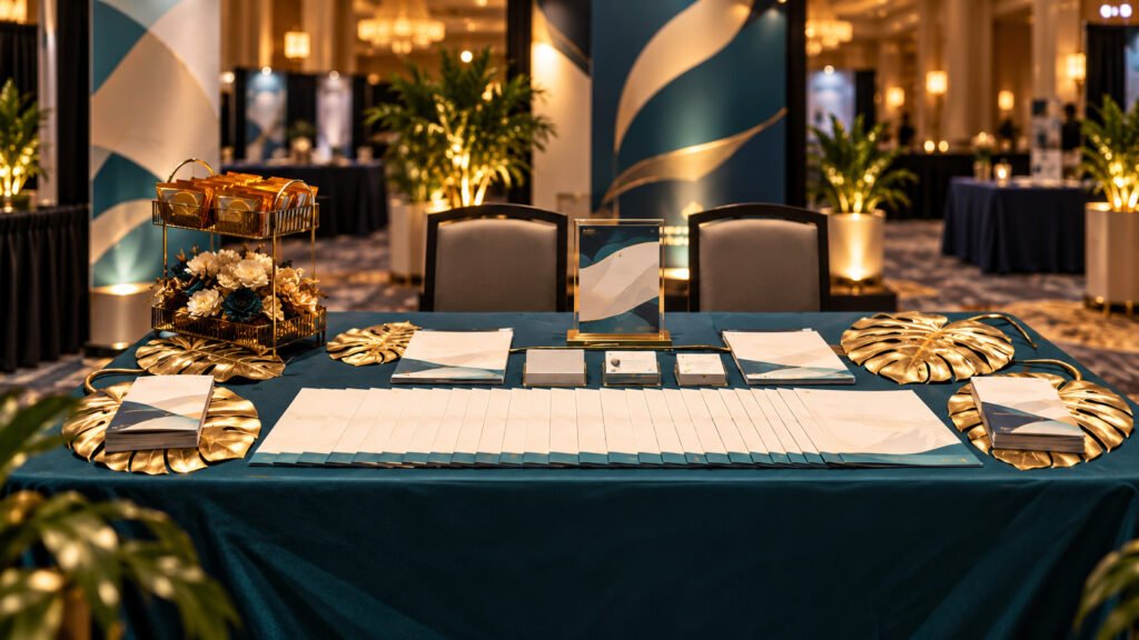 Dark teal and gold conference booth display with brochures and empty chairs, inspired by ABS at the Amada Senior Care Conference.